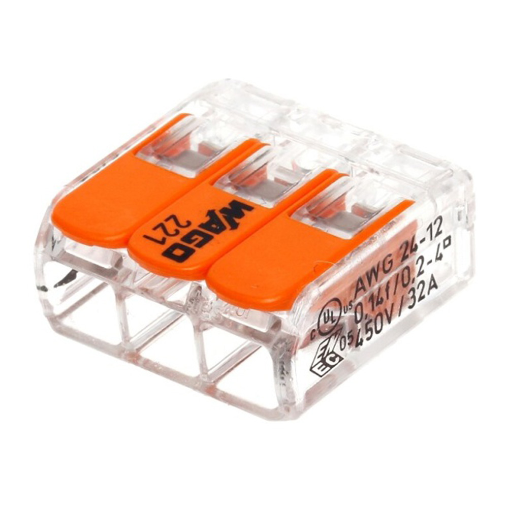 Клемма на 3 провода Wago 221-413 0,2-4 кв.мм с рычажками без пасты (50 шт.) (ЦБ-00015765/808442)