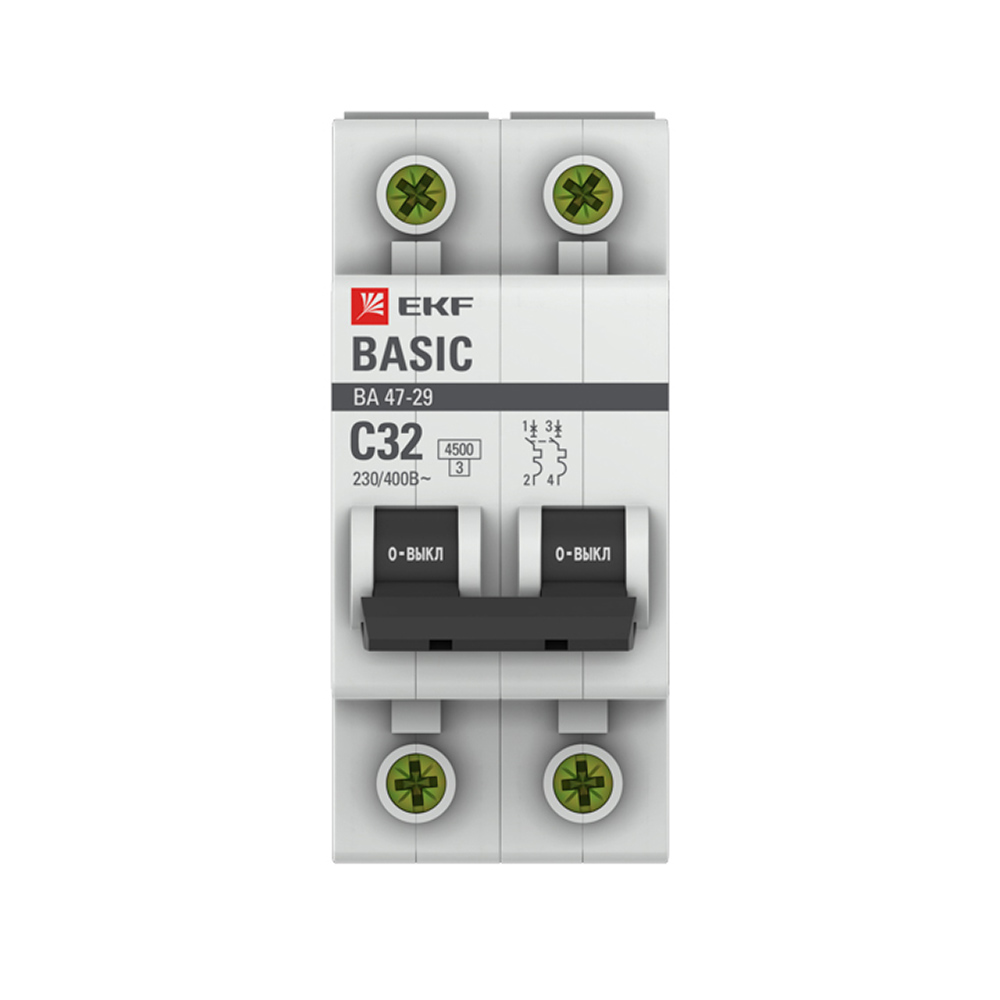 Автоматический выключатель модульный EKF Basic ВА 47-29 2P 32А тип C 4,5 кА 230 В (mcb4729-2-32C)