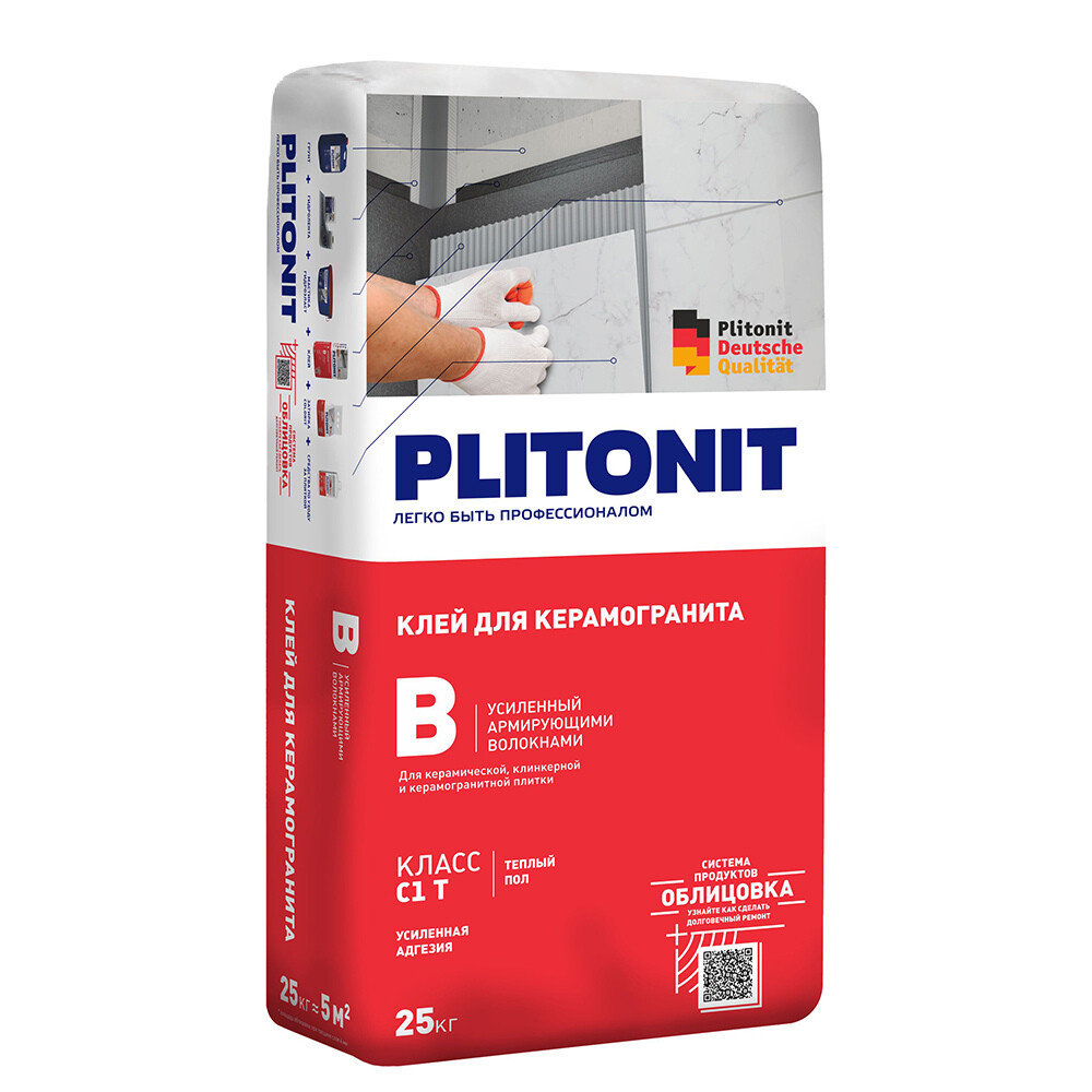Клей для плитки/ керамогранита/ клинкера Plitonit В усиленный армирующими волокнами серый класс C1 T 25 кг