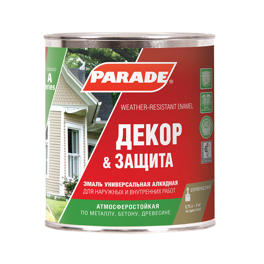 Эмаль алкидная Parade Декор и защита база А глянцевая 0,75 л