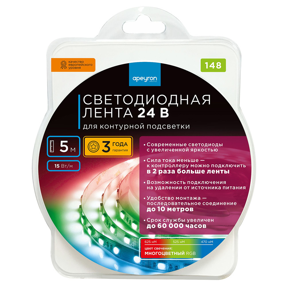 Лента светодиодная SMD 5050 RGB свет 24 В 15 Вт/м 5 м IP20 Apeyron (148КП)